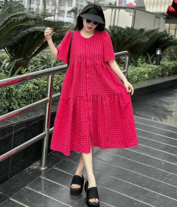 Đầm babydoll nữ 3 tầng đuôi cá dáng xoè cổ tròn tay ngắn kẻ caro freeship  Women Dress