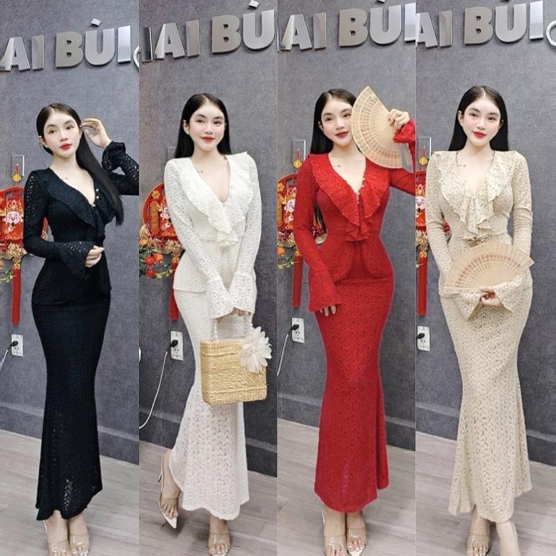 S237: Set Đầm Gồm Áo Tay Loe Ren Cổ Bèo, Chân Váy Đuôi Cá Ren Lông Vũ Body Mai Bùi Store Nữ