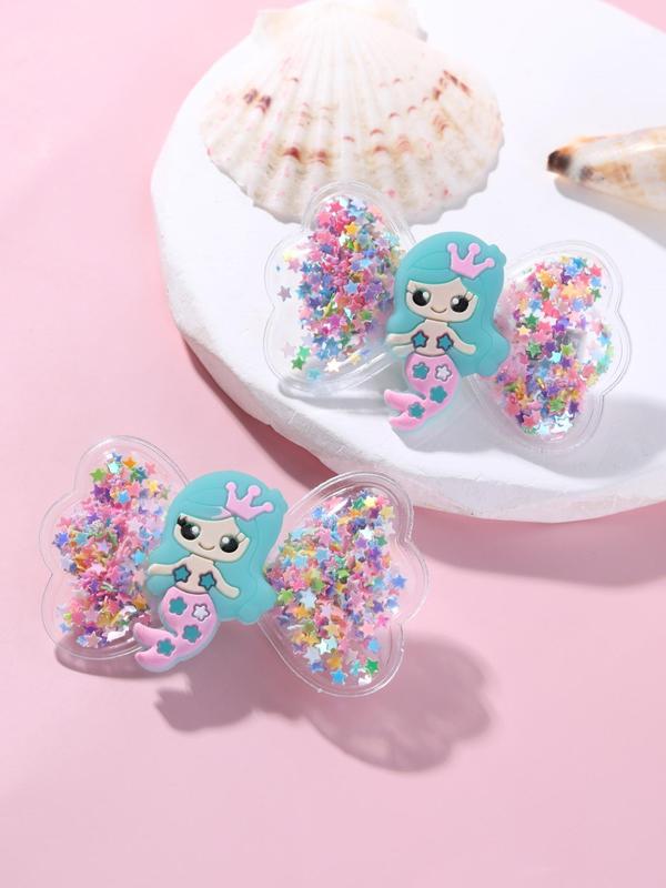 2pcs Cute Cartoon Mermaid Princess Design Hair Clip, Cute Bowknot Decor Hair Accessories For Girls, Quicksand Sequin Design Headwear 2