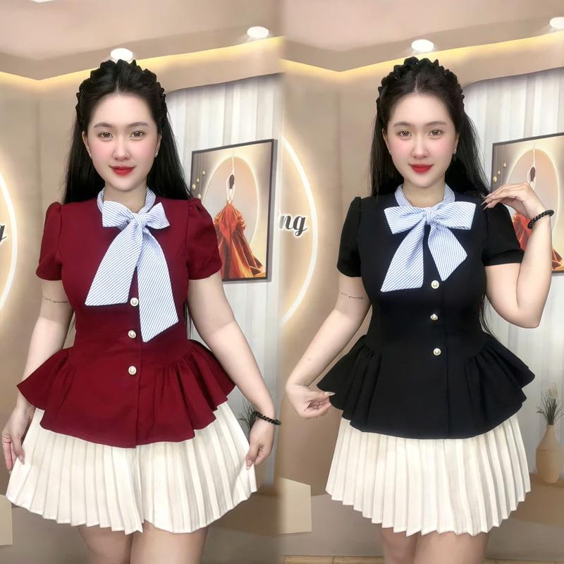 Áo peplum thiết kế cổ tròn thắt nơ xinh xắn hack dáng chất tuyết mưa
