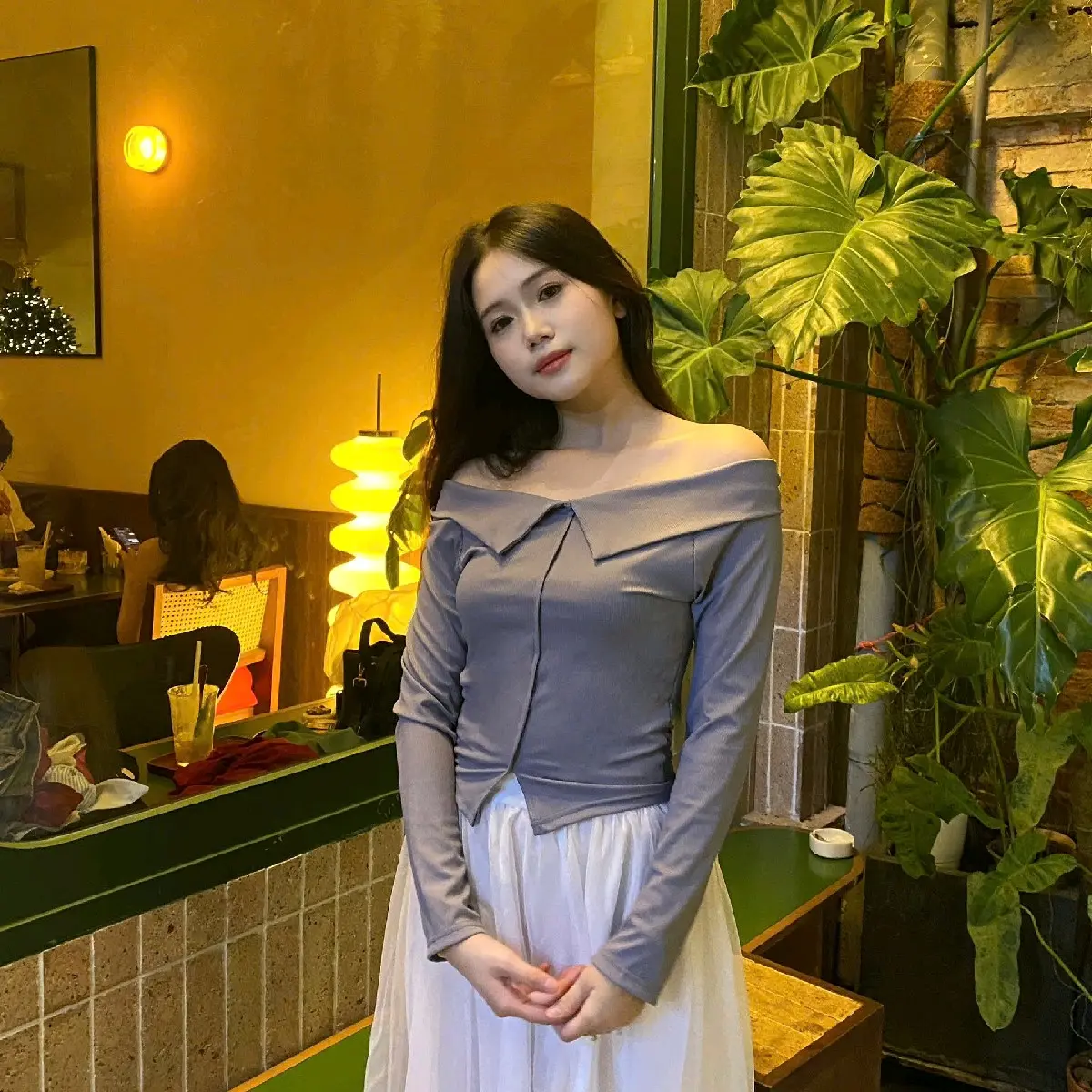 SR11A2 - Áo trễ vai tay dài cổ bẻ ôm body có lớp lót trong chất liệu gân tăm lạnh thoáng mát  Nữ Women Top