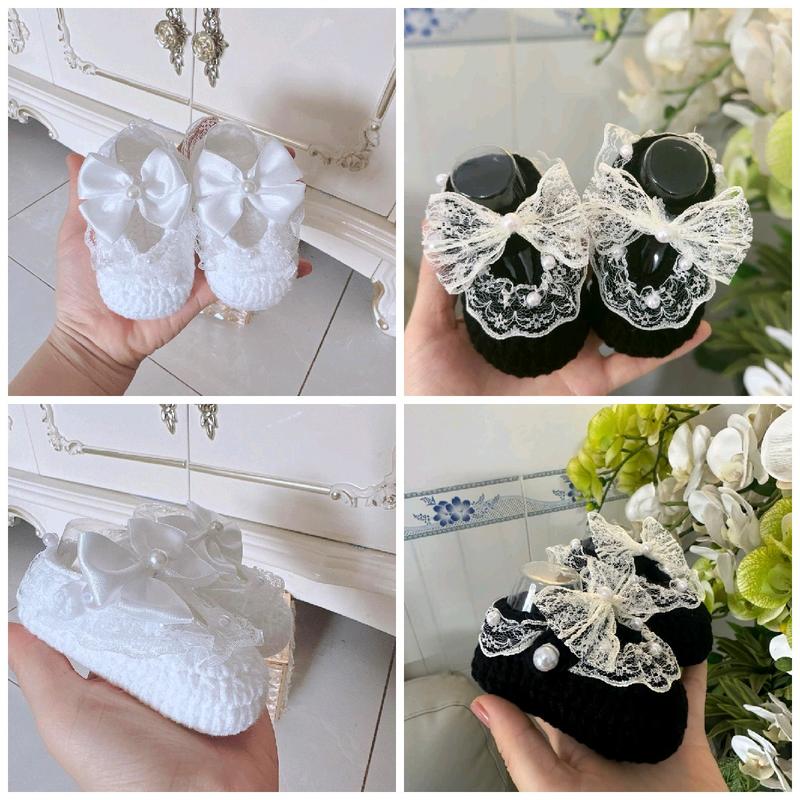 Giày Len Đen ,Trắng Đính Nơ Trắng Viền Ren 9-12 cm,1 tháng -12 tháng ,Giày Cho Bé Gái Đầy Tháng Thôi Nôi