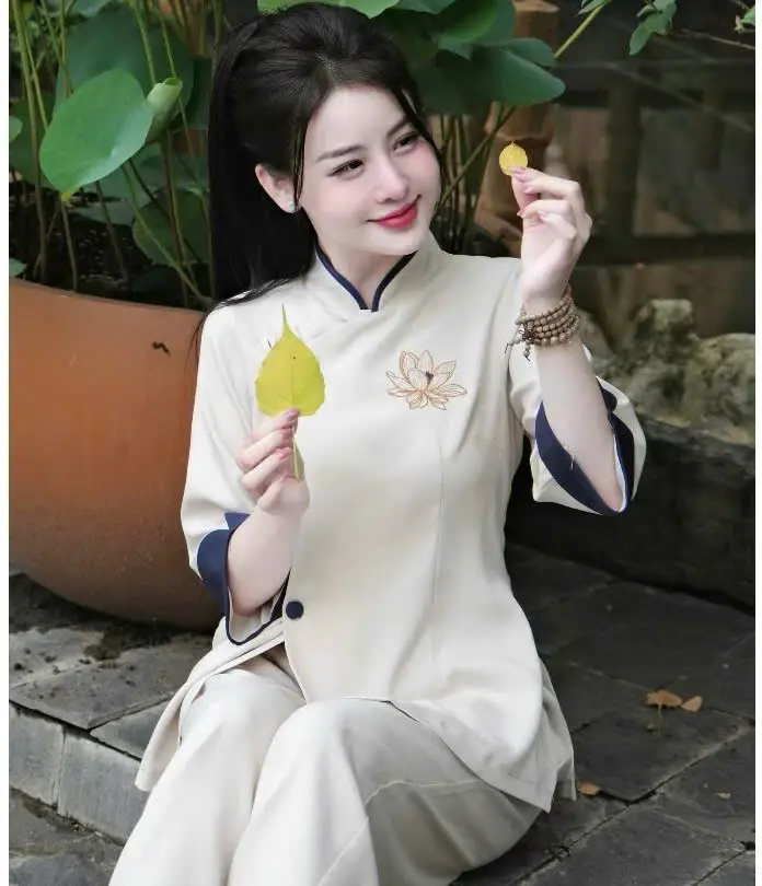 Bộ Đi Chùa Đũi Thái Áo Họa Tiết Thêu Hoa Sen Quần Có Túi Cổ Trụ, Mã P6