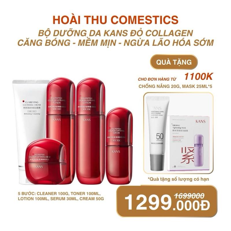Bộ Mĩ Phẩm KANS Đỏ Collagen Căng Bóng, Hỗ Trợ Làm Chậm Quá Trình Lão Hoá Da 5 Sản Phẩm Có Hộp: Sữa Rửa Mặt, Toner, Lotion, Serum, Kem Dưỡng