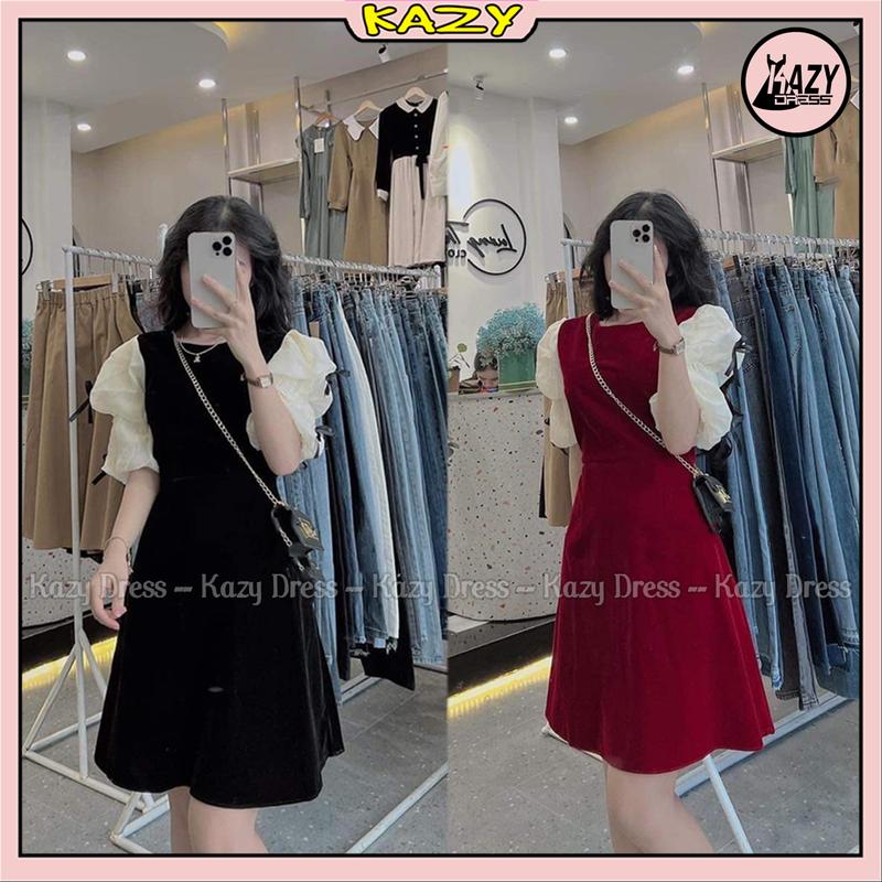 Váy nhung đính nơ tay bồng ngắn tay, váy nhung dáng xòe phong cách tiểu thư KAZY DRESS V091 váy tết, váy noel Nữ Đỏ