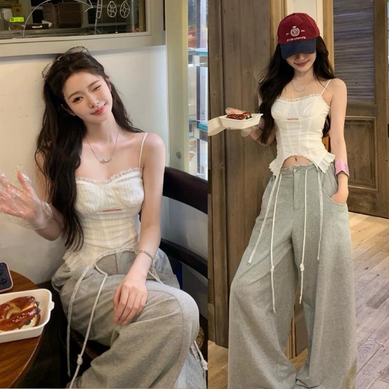  Set Áo Hai Dây Tua Rua Phối Quần Suông Ống Rộng TIBU Set Đồ Nữ Xinh Xắn Tôn Dáng Đi Chơi Dạo Phố B623 