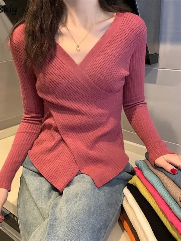 Eliza Knit Sweater Wanita V-neck Gaya Korea All-Match Pakaian Wanita Knit Baju Panjang 8