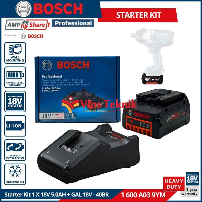 BOSCH Charger Baterai Starter Kit 1X 18V 5.0AH + GAL18V-40BR 1 600 A03 9YM