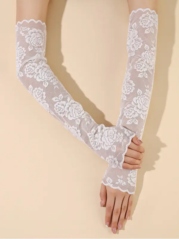 Women's Summer 2024 Fashion Lace Flower Design Arm Sleeves, Elegant Sun Protection Gloves for Women & Girls, Fashion Gloves for Party, Daily Clothing Decor 4