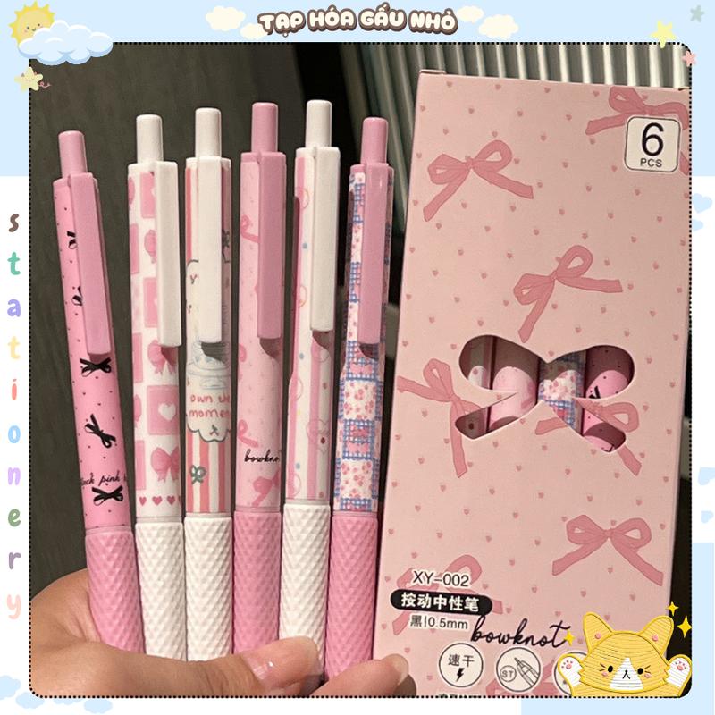 Hộp 6 bút gel XY-002 Pink BowKnot Màu hồng Girly Heart Press mực đen 0.5mm