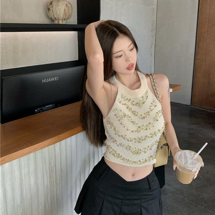 Product Introduction of Áo Vest Cổ Yếm Đính Cườm Phong Cách Pháp, Dây Đeo Spaghetti Cổ Điển, Hàng Mới Về Mùa Hè Của Phụ Nữ, Thiết Kế Độc Đáo Có Thể Mặc Ngoài Trời, Áo Ngắn Dệt Kim Cô Gái Nóng Bỏng Top Women 15