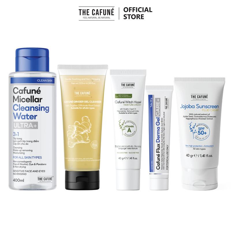  Combo 5 Sản Phẩm Cho Da Mụn Kem Chống Nắng Nước Tẩy Trang Gel Chấm Mụn Cafuné Flux Sữa Rửa Mặt Kem Dưỡng Ẩm The Cafuné Dành Cho Da Mụn 120gram Skincare Làm Đẹp Da 
