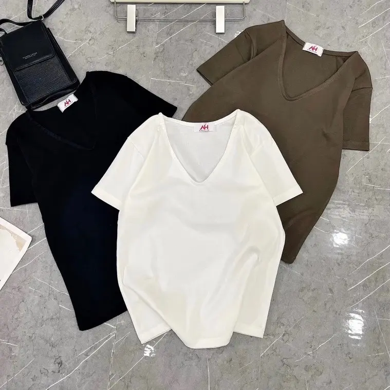 Áo thun nữ cổ tim Tôn Dáng tay ngắn mẫu trơn Top Women