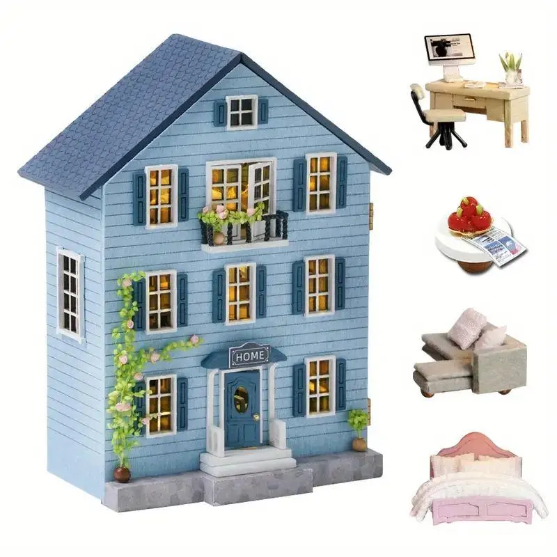 Wooden Minihouse Design Puzzle Toy, 1 Box Miniature Furniture Self Assemble House Model for Fun, Home Decorations, Stocking Fillers Gift