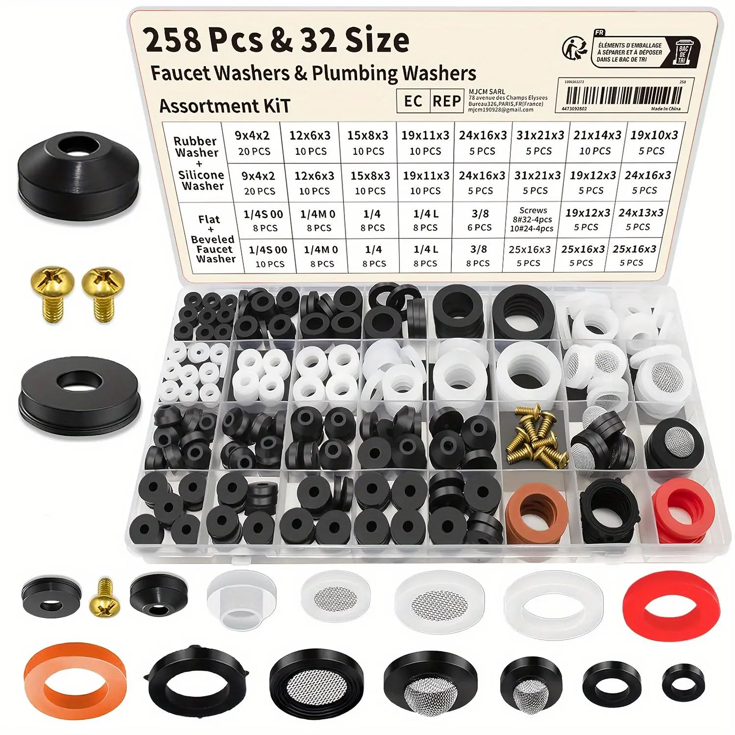 Faucet & Pipe Rubber Washer Combination Kit, 258pcs/set Rubber Gasket Assortment Kit, Suitable for Various Garden Hose Valve Connector, Heavy Duty Hardware Parts