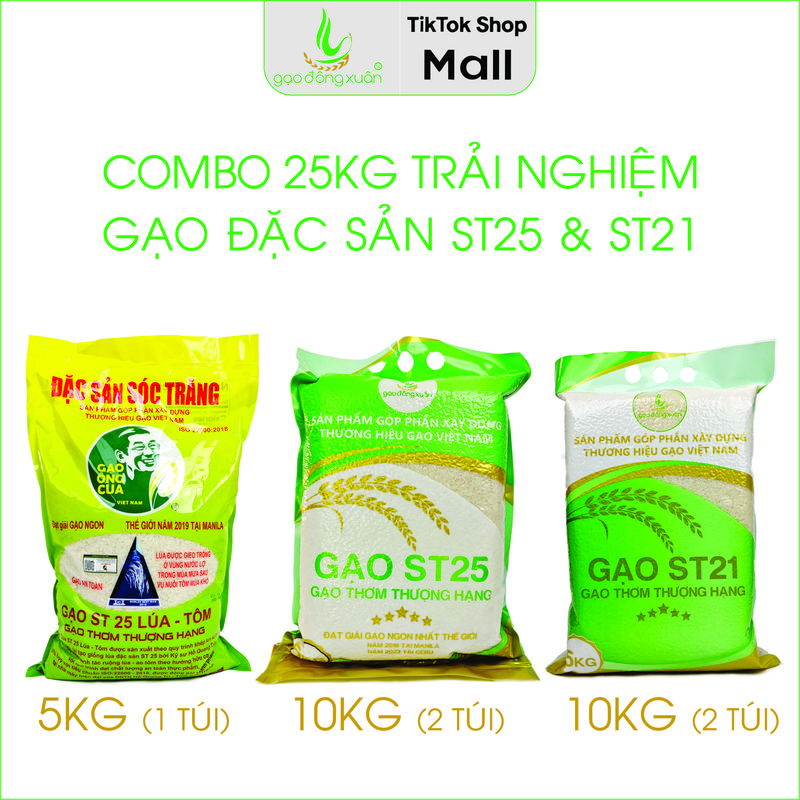 Combo 25kg Gạo Đặc Sản ST, Gạo Ông Cua Lúa Tôm 5kg + 10kg Gạo ST25 Lúa Tôm Đông Xuân (2 Túi) + 10kg Gạo ST21 Đông Xuân (2 Túi) - Gạo Đông Xuân Foods