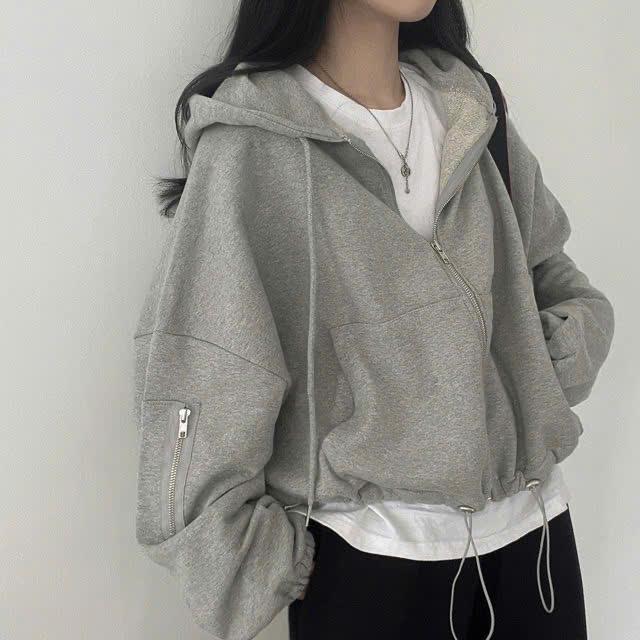 Áo khoác hoodie nỉ croptop dáng rộng rút dây phía dưới là điểm nhấn - N005 - Áo khoác thu đông nữ hoodie zip tay bồng áodạ tweet aokhoac ni dep