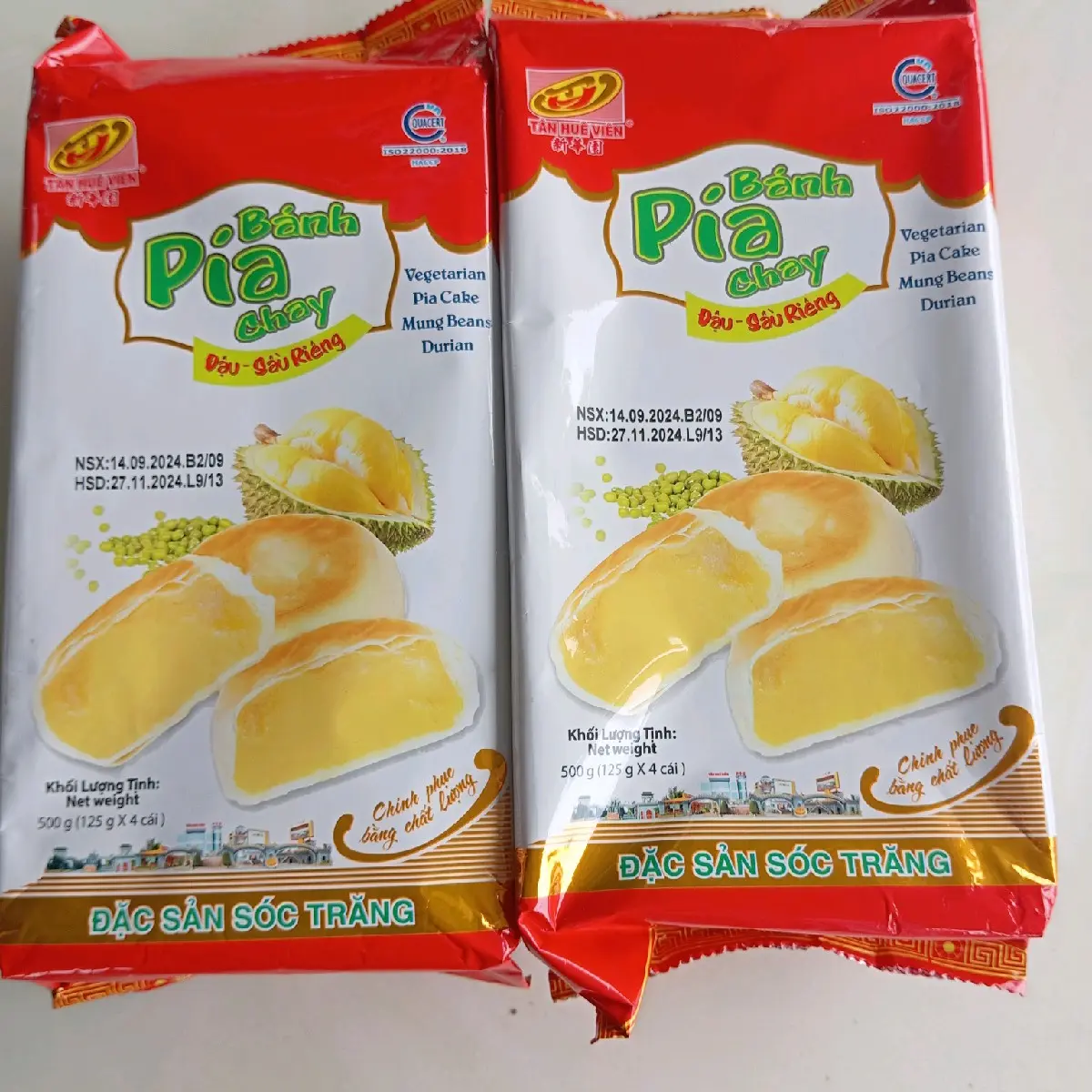 com bo 2 túi bánh pía chay đậu xanh sầu riêng Tân Huê viên sóc Trăng 500g