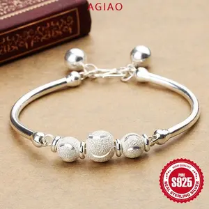 AGIAO Mode Korea Pribadi Asli S925 Temperamen Perak Gelang Sederhana Wanita Bulat Manik-manik Gelang Bulan Sabit