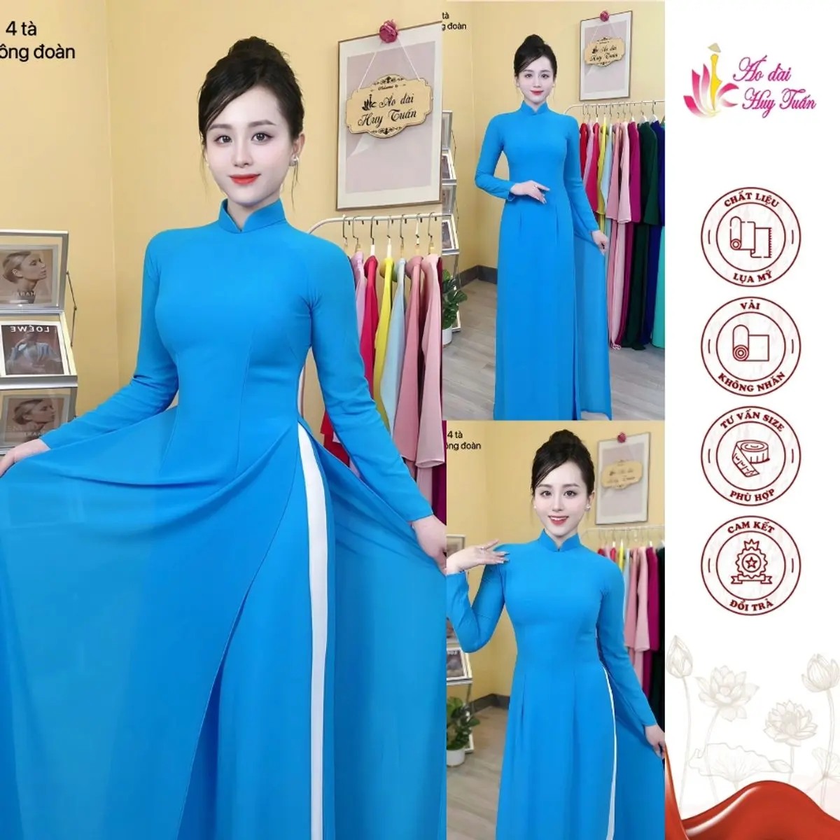 Áo dài 4 Tà Truyền Thống Cổ Bầu 3 Phân Màu Xanh Công Đoàn Lụa Chiffon Mỏng Bay Tà Thấm Hút Mồ Hôi