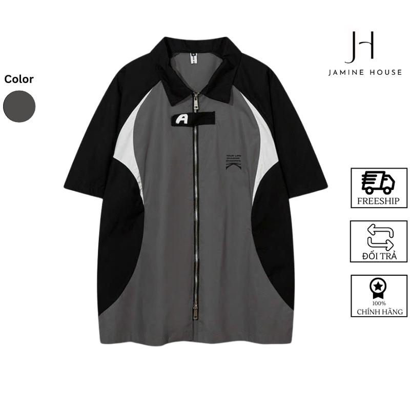 Áo Sơ Mi Nam Nữ JAMINE HOUSE Tay Ngắn Vải Lụa Mango Dây Kéo Dán CHỮ A Unisex Menswear Nhung Shirt Jean sơ mi đen