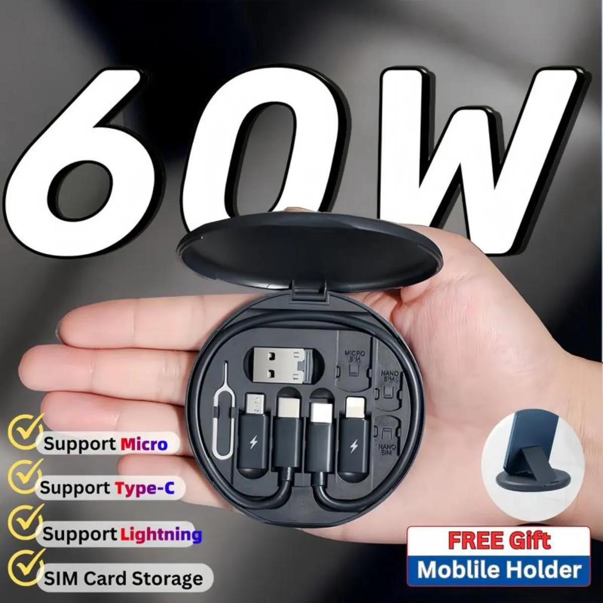60W Fast Charger Data Cable Storage Box Office Travel Use Portable Phone Gadget Lightning Type-C USB Interface Accessories Storage SIM Cards With Pin