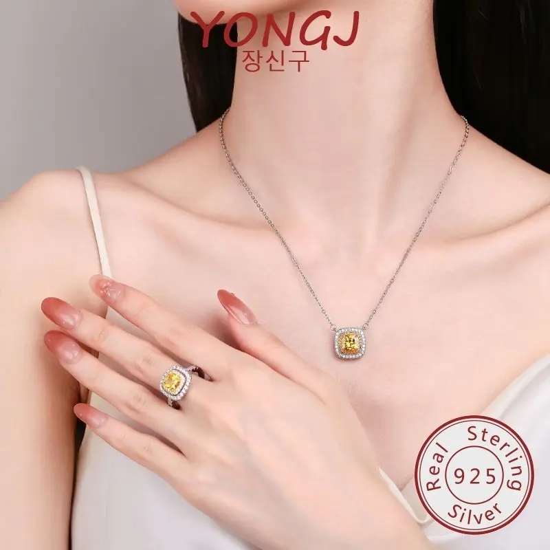 Fashion Moissanite Citrine Necklace Earring Ring Jewelry Suit Women