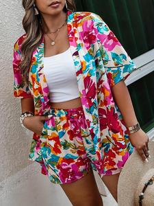Conjunto de dos piezas de talla grande con estampado floral sin camiseta interior, Conjunto informal de manga corta y pantalones cortos con bolsillos para verano, Conjuntos de mujer para el día a día