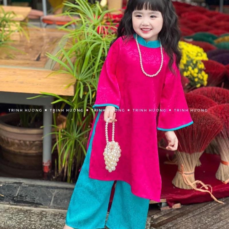 Sammy kids Áo dài Trinh Hương chất liệu gấm cao cấp cho bé gái từ 9-30kg + tặng kèm dây ngọc trai