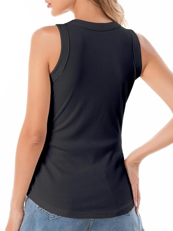 Women's Solid Round Neck Ribbed Tank Top, Casual Sleeveless Top for Daily Wear, Ladies Clothes for All Seasons 4