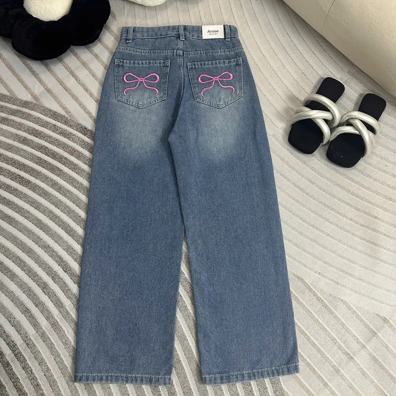 Quần jean ống rộng,quần bò nữ ống suông Aniee cạp cao thêu nơ túi vải denim màu xanh sáng dài 90-92cm dành cho nấm lùn - SUONGTHEUNO Women 3