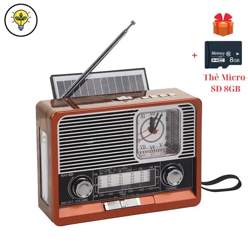 Đài FM/AM đa năng EC-2113BTSK, kết nối Bluetooth, có khe thẻ nhớ, đồng hồ, sạc năng lượng mặt trời + cáp USB, tặng thẻ 8GB 0