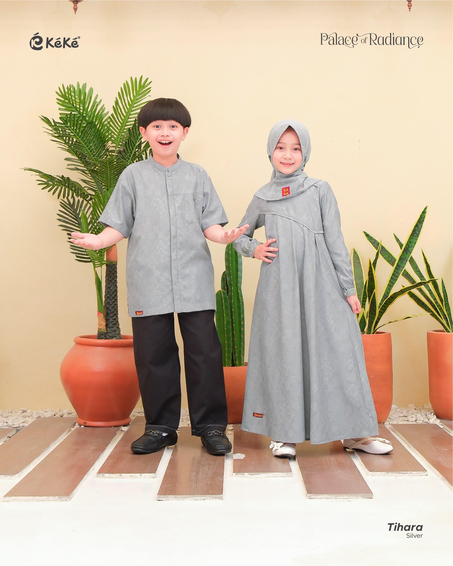[Ready Stock] Sarimbit Keluarga Lebaran 2026 Tihara Silver Koko Gamis Anak dan Dewasa - Keke Busana
