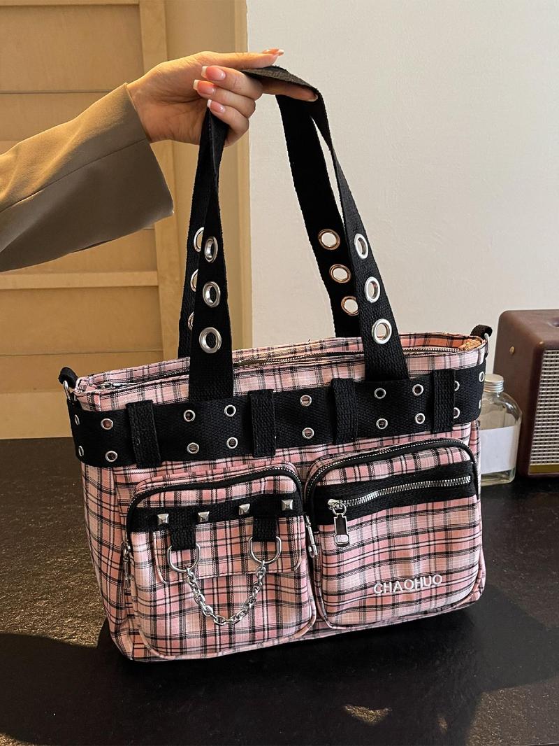 Product Introduction of Women's Fashionable All-match Punk Style Tote Bag with Multi-pocket Design, Casual Versatile Zipper Design, Large Capacity Shoulder Tote Bag 15
