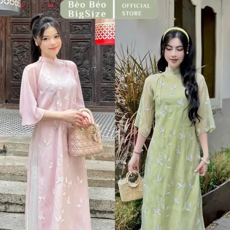 [ BÈO BÉO ] SET ÁO DÀI HOA THÊU KÈM QUẦN BIGSIZE 60-95KG