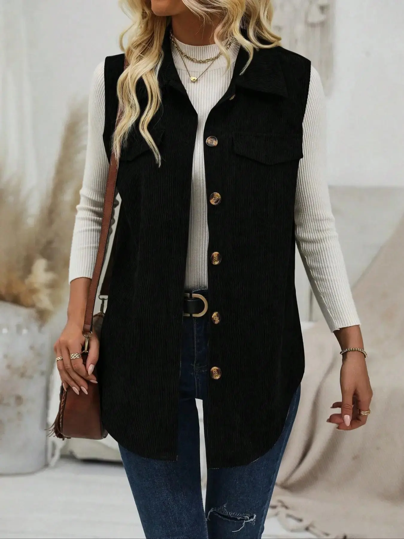 Women's Solid Button Front Corduroy Vest Coat, Casual Sleeveless Collared Outerwear for Spring & Fall, Ladies Clothes for Daily Wear