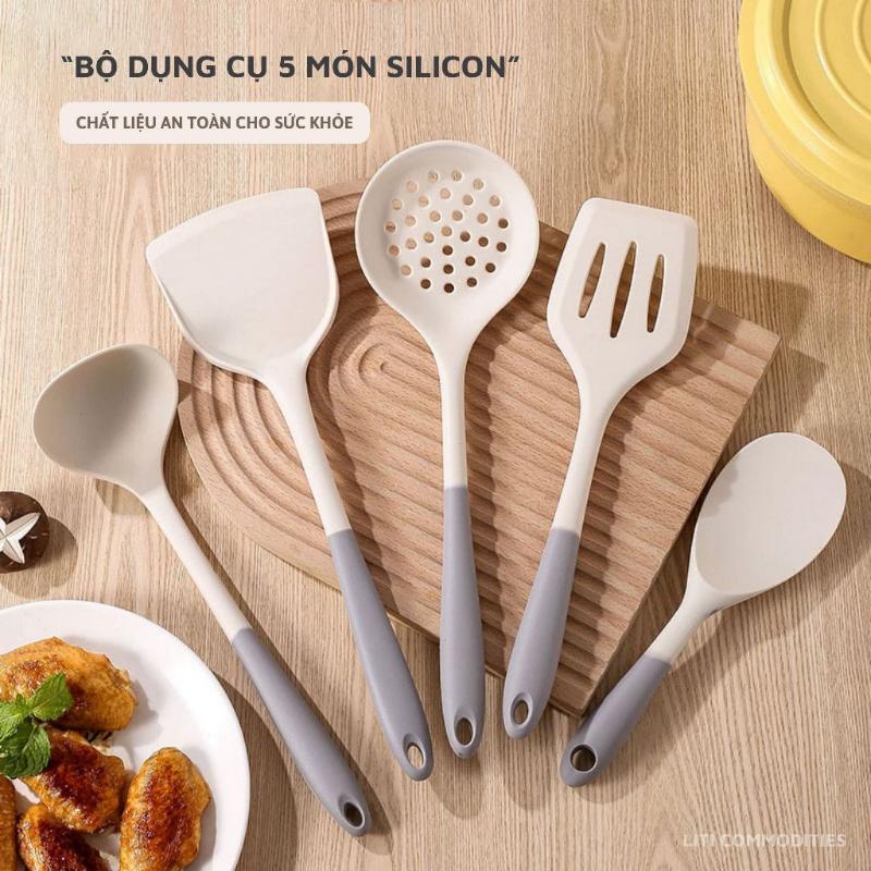 Bộ dụng cụ nhà bếp, vá nấu ăn bằng silicon 5 món chịu nhiệt độ cao 0