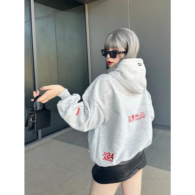 Áo Hoodie Có Khóa Kéo Có Mũ Trùm Đầu, Thiết Kế Mèo Boxy amadus, Dành Cho Nam Và Nữ, Thêu Nhiều Màu, Tay Phồng 0