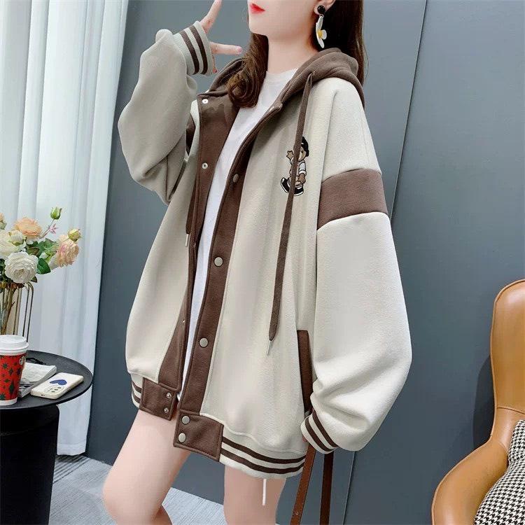 Áo Bomber Unisex - Áo khoác nỉ Hoodie mũ trùm đầu 2 lớp thêu hình gấu dễ thương