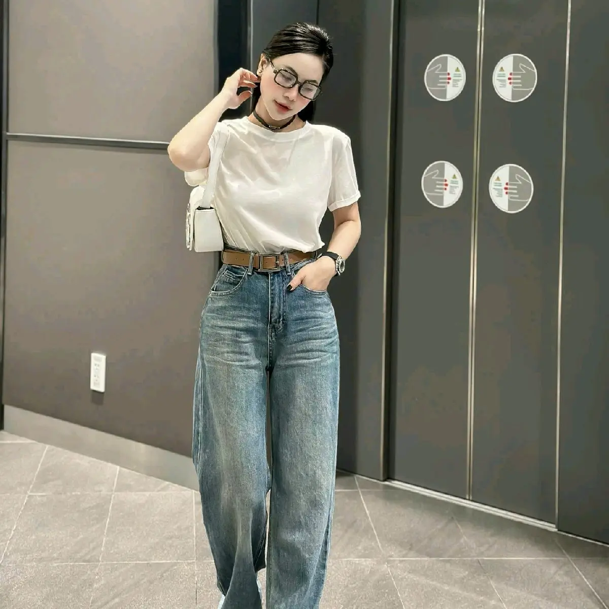 HJ3242 quần jeans suông trơn màu jeans xanh retro xám mới sẵn phom nấm và suông thường Nữ Women Lịch