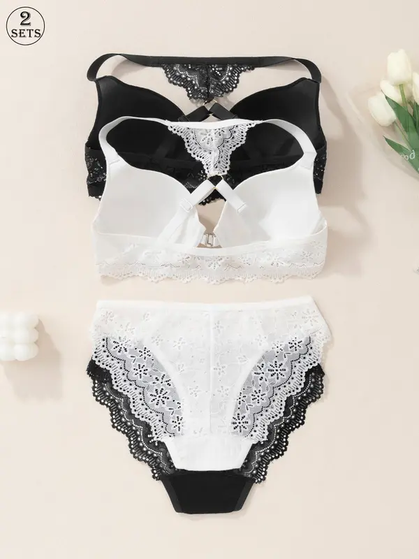 Women's Solid Color Lace Bra & Panty Two-Piece Set, Adjustable Strap Push Up Bra & High Waist Panty, Lingerie Set for Women 4