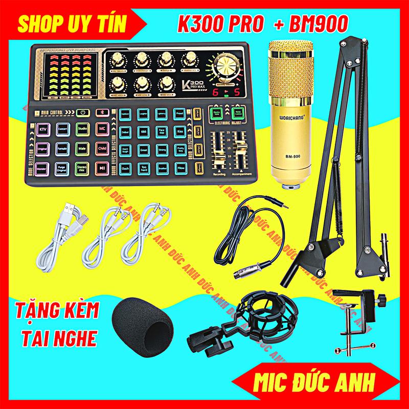 (Bản Nâng Cấp) Bộ Sound Card K300 PRO MAX Kết Hợp Micro BM900 Tặng Kèm Tai Nghe Dùng Cho Điện Thoại Laptop Máy Tính