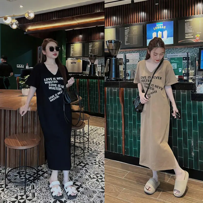 Đầm suông dài , váy suông bầu chất cotton Gemmy Shop in chữ Love cổ tim