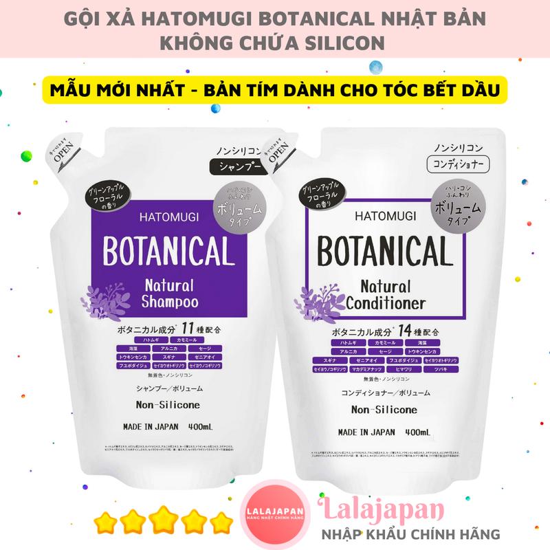 Dầu Gội và Dầu Xả Hatomugi Botanical Nhật Bản 400ml không chứa silicon, Cặp Gội xả Hatomugi Botanical Tím dành cho tóc dầu