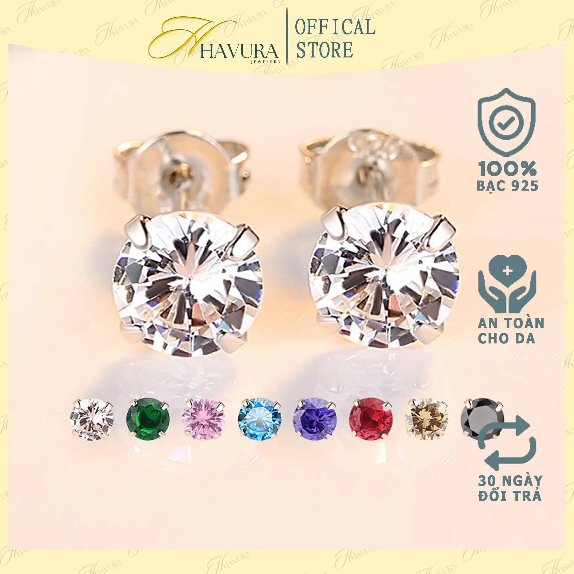 Bông tai nữ HAVURA, khuyên tai bạc 925 đính đá đơn giản M066129