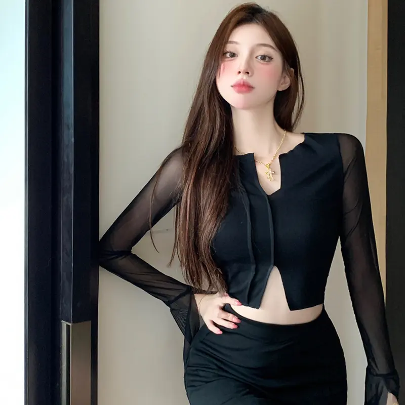 Áo Hở Eo Cổ Chữ V Cho Nữ, Sunrey, Lưới Xuyên thấu Dài Tay, Màu Trơn Xẻ Viền, Áo Thun