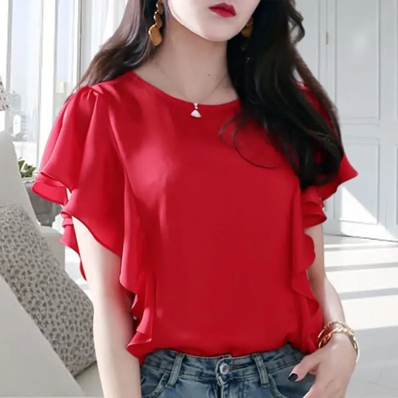Áo Voan, Hàng Mới Về, Phong Cách Phương Tây, Xếp Nhún, Thích Hợp Cho Mùa Hè, Phong Cách Hàn Quốc, Ngoại Cỡ, Dáng Rộng Vừa Vặn, Dễ Phối Đồ, Áo Khoác Bụng Giấu, Thời Trang Nữ
