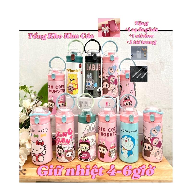 Bình giữ nhiệt inox 304 500ml cho bé, tiện dụng  đi học đi chơi, bỏ cặp sách, cài sườn balo, kèm túi nhựa trong suốt và cây cọ rửa ống hút, sticker kuru
