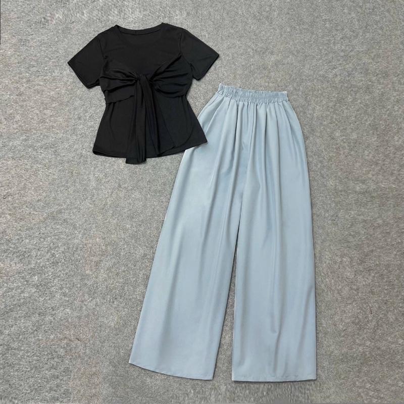 Set Bộ Sang Chảnh Bigsize CÓ LẺ ÁO QUẦN Áo Thun Tay Ngắn Thiết Kế Xoắn Ngực Mix Quần Suông Lưng Cao Ống SIÊU Rộng Cho Nữ Chuppy 55-95kg