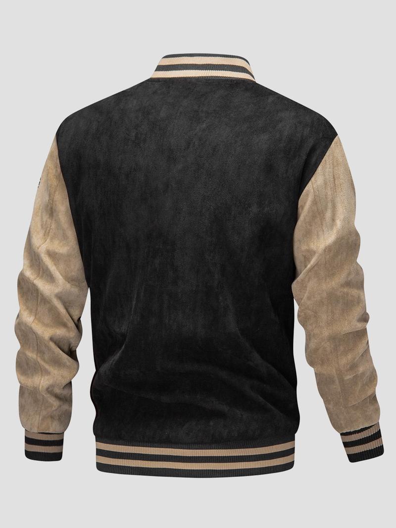 Product Introduction of Men's Letter Embroidery Patchwork Button Front Varsity Jacket, Loose Casual Long Sleeve Mock Neck Outerwear for Fall & Winter,  Jackets for Men, Men's Clothes for Daily Wear 5